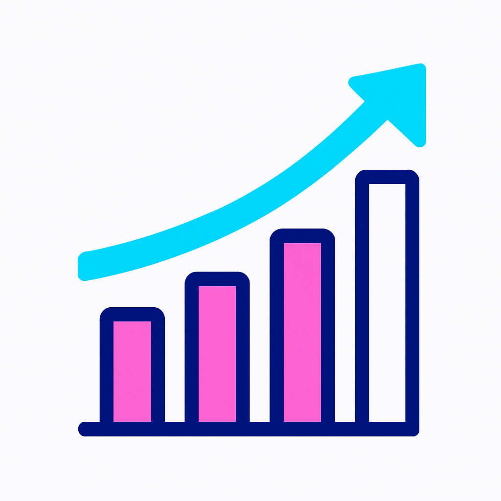 Bar chart with four pink bars increasing in height from left to right, overlaid with a blue upward arrow indicating growth or upward trend.