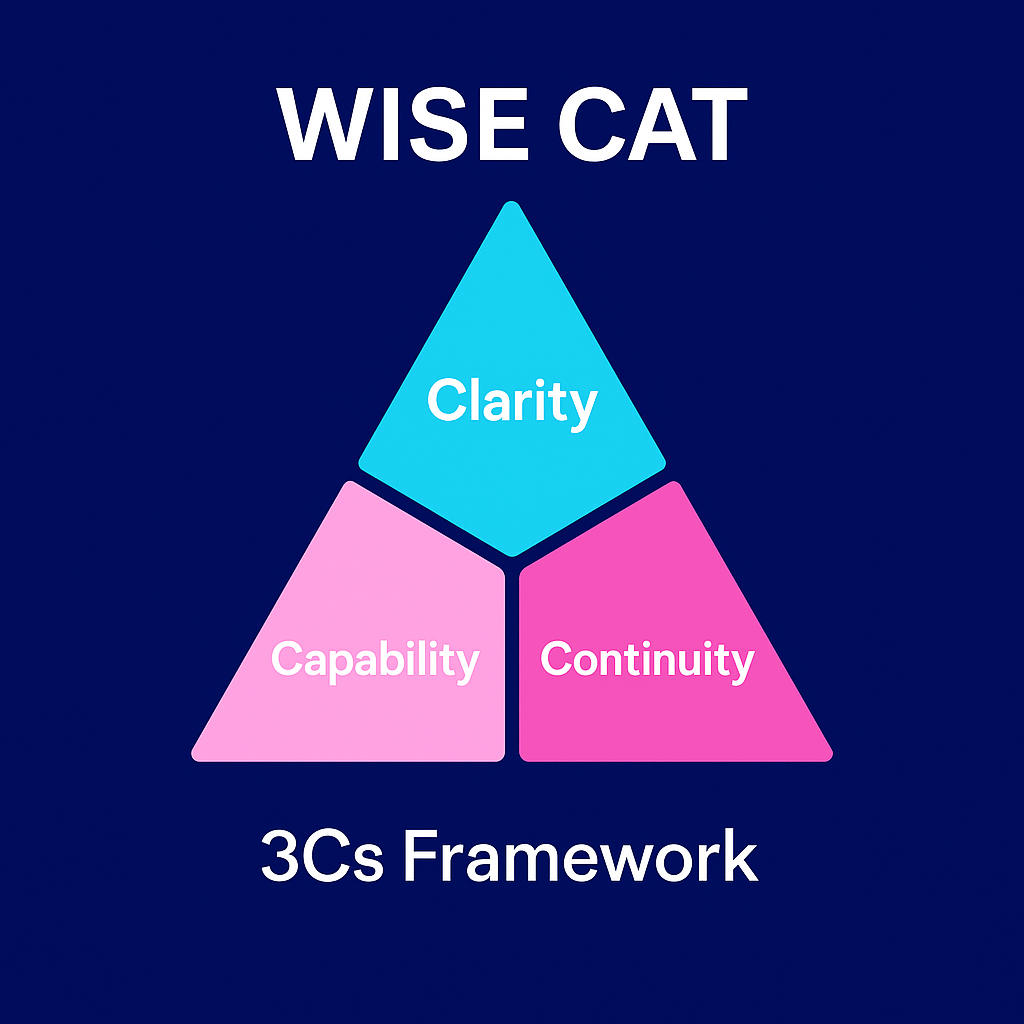 Diagram of the 3Cs Framework with three colored triangles labeled Clarity, Capability, and Continuity, under a header that says Wise Cat.