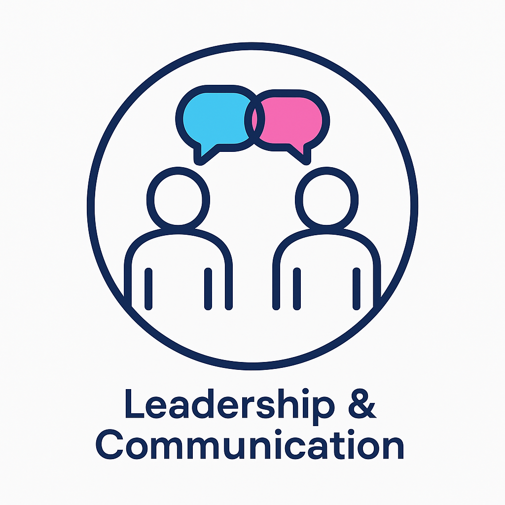 Icon of two people with speech bubbles above their heads, one in blue and one in pink, representing communication or conversation, with the text 'Leadership & Communication' below.