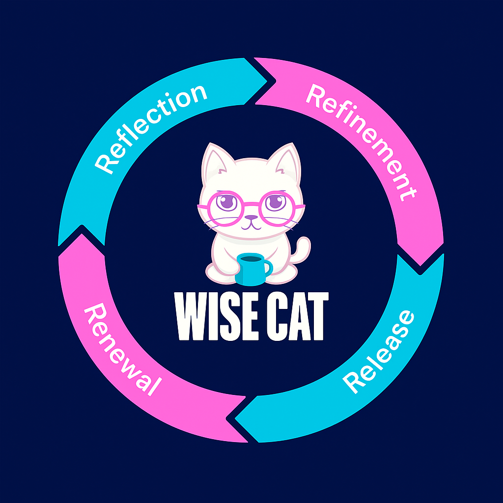 A circular diagram with four segments labeled 'Reflection,' 'Refinement,' 'Release,' and 'Renewal.' In the center, there is a cartoon white cat wearing pink glasses, holding a blue mug, with the text 'WISE CAT' below it.