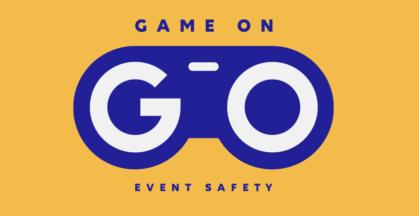 Graphic with yellow background and blue and white text that says "Game on GO" with the words "Event Safety" underneath.