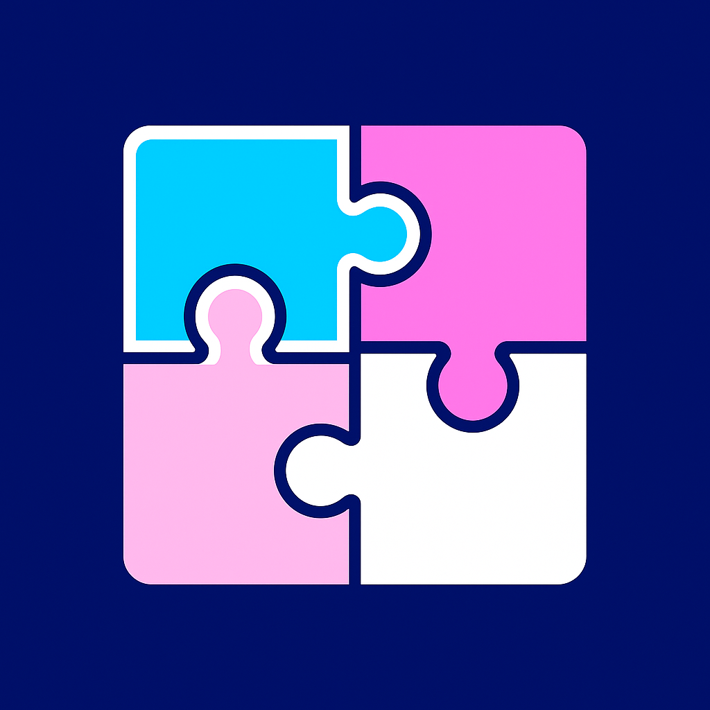 Four interlocking puzzle pieces in blue, pink, purple, and white, forming a larger square on a dark blue background.
