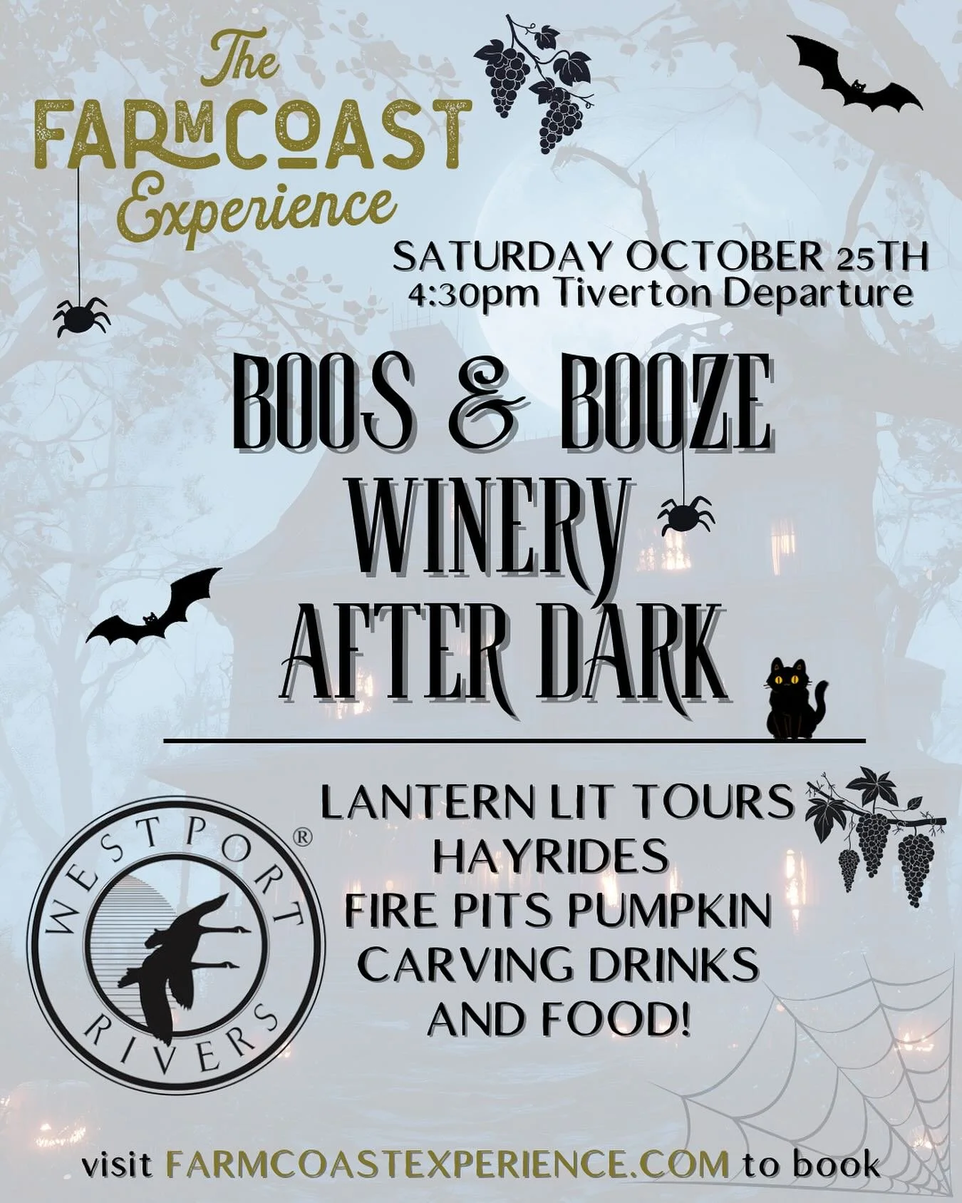 👻 &ldquo;Got plans with spirits?&rdquo;

We roll Saturday 4:30pm from Tiverton &rarr; Westport Rivers for Boos &amp; Booze.
Seats vanish faster than the good candy.🍬
Link in bio to book. 🍷✨
21+ to taste &bull; Transport, event entrance + one glass