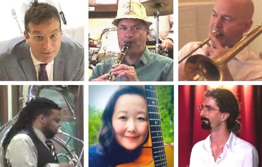 Alex Guilbert (piano), Jim DeJoie (clarinet), and Christian Pincock (trombone), Jerome Smith (tuba), Jennie Mayer (banjo and guitar), and Will Loan (drums).