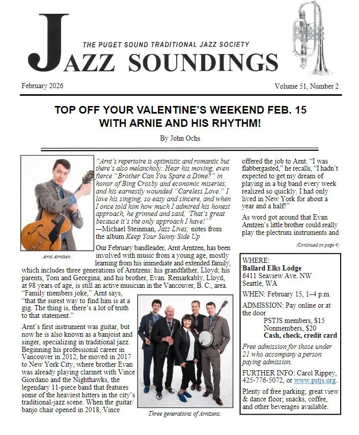 A jazz newsletter titled "Jazz Soundings" dated February 2026, Volume 51, Number 2. It features an article about Arnt Arntzen, with a photograph of him holding a guitar and a group photo of three generations of the Arntzen family. The content promotes a jazz event at the Ballard Elks Lodge in Seattle, WA scheduled for February 15 from 1 to 4 p.m.