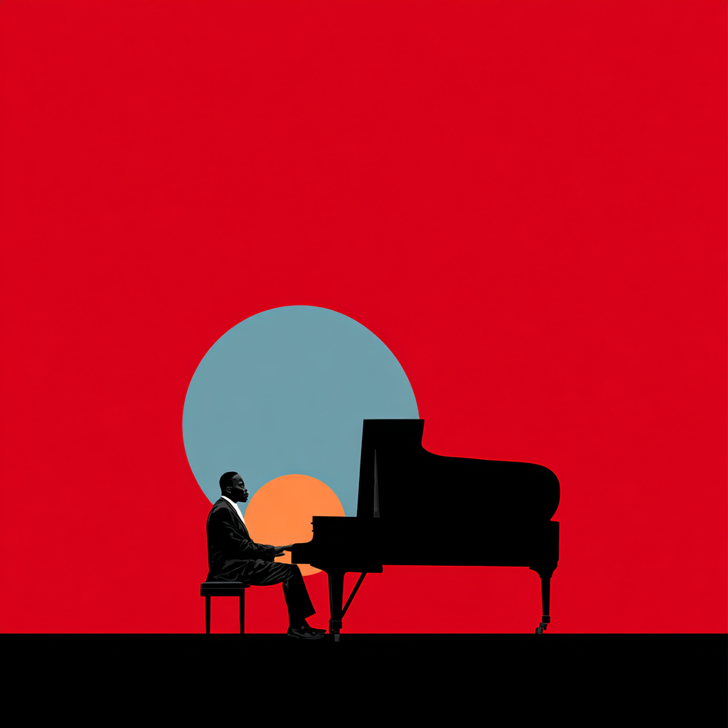 Silhouette of a man playing a grand piano against a red background with two large gradient circles resembling a sunset or sunrise.