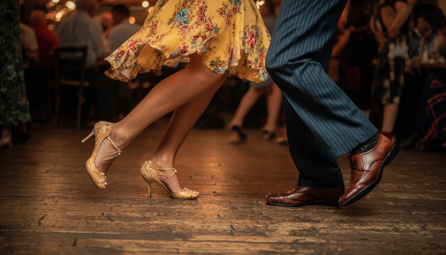 two young people swing dancing. They are dressed in clothes appropriate to the time period. We only see them from the waist down