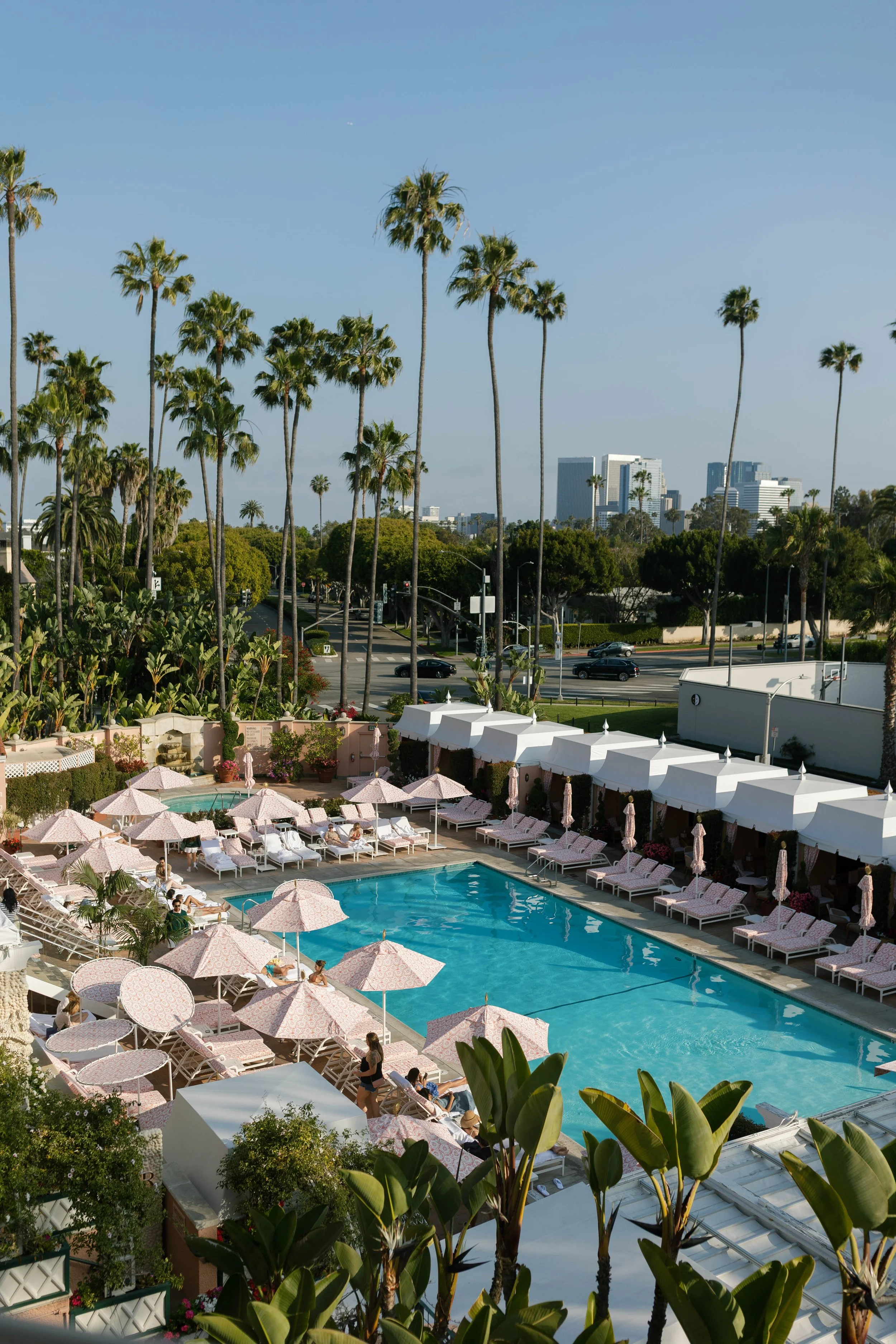 A view of the pool at the Beverly Hills Hotel, Los Angeles California 