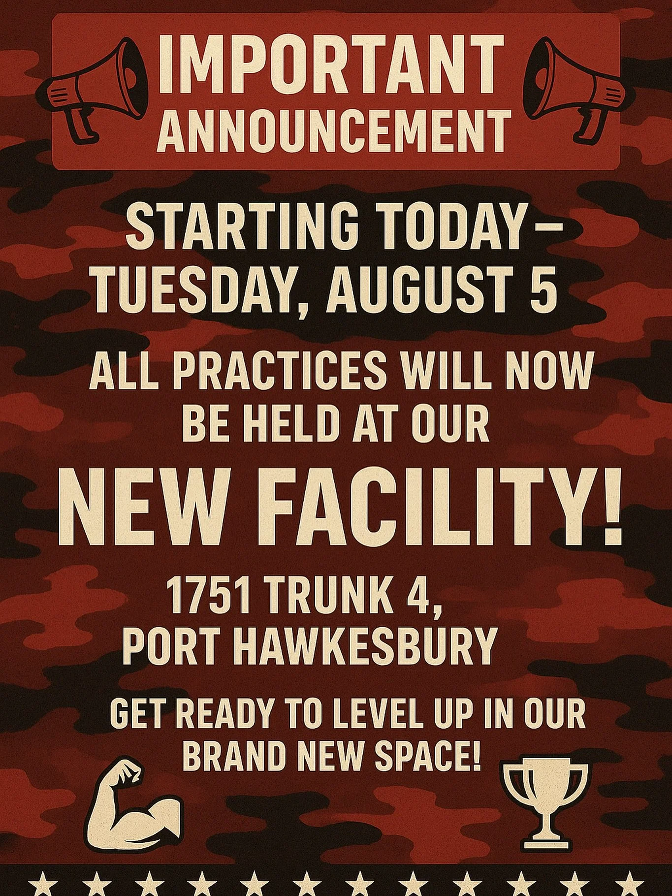 🚨 ATTENTION ACA ATHLETES 🚨
Starting TODAY &ndash; all practices are officially at our NEW FACILITY 🏠💥
📍 1751 Trunk 4, Port Hawkesbury
Get ready to train harder, grow stronger, and LEVEL UP in our new home! 💪🔥