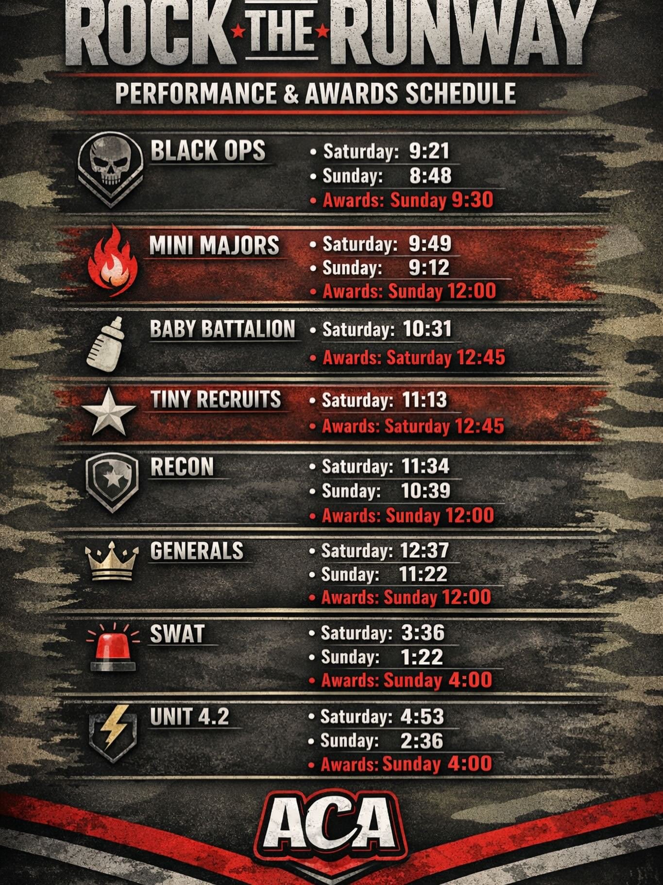 Rock the Runway is HERE 💥
Two days. Eight teams. One unforgettable weekend.
Check out our performance + awards times and get ready to hit the mat 🖤❤️

Let&rsquo;s go ACA!
#RockTheRunway #ACACheer #Showtime