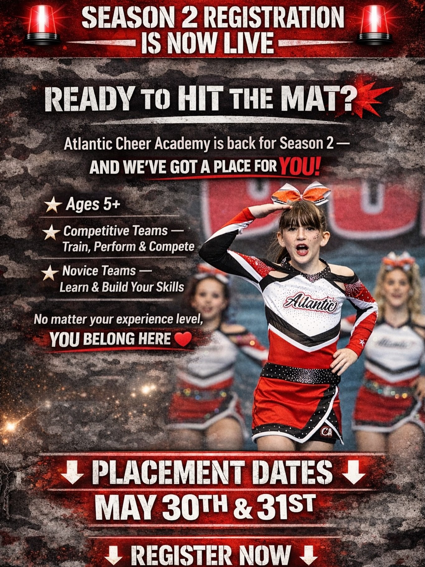 🚨 SEASON 2 REGISTRATION IS NOW LIVE 🚨

Ready to hit the mat? 💥
Atlantic Cheer Academy is back for Season 2&mdash;and we&rsquo;ve got a place for YOU!

✨ Ages 5+
✨ Competitive teams &ndash; for athletes ready to train, perform, and compete
✨ Novice