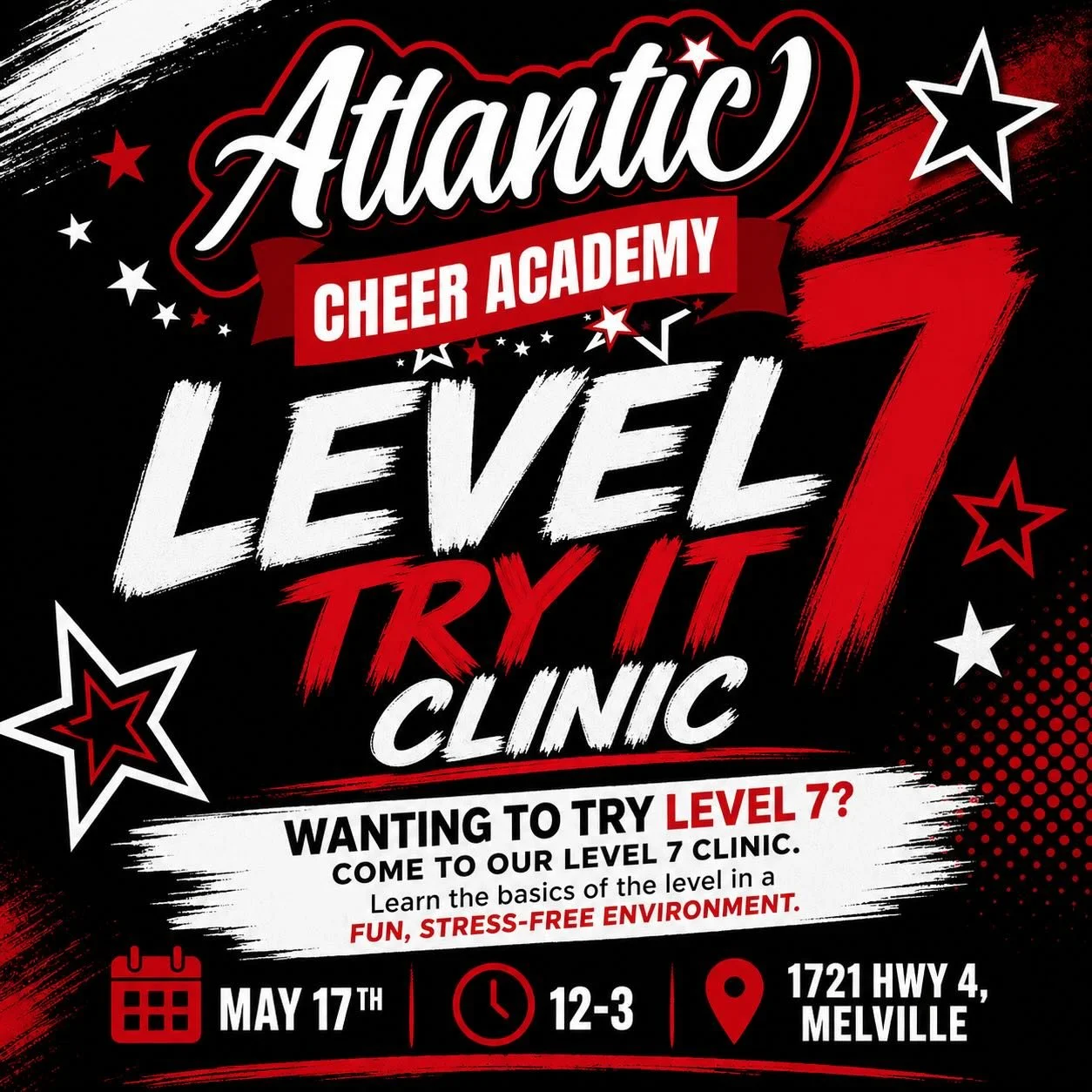 🎖️ OPERATION: LEVEL 7 🎖️

The next generation of elite athletes is being assembled.
Do you have what it takes to join the academy? 🫡🔥

📍 Atlantic Cheer Academy
📅 May 17
⏰ 12PM&ndash;3PM

This Level 7 Try It Clinic is your chance to experience t
