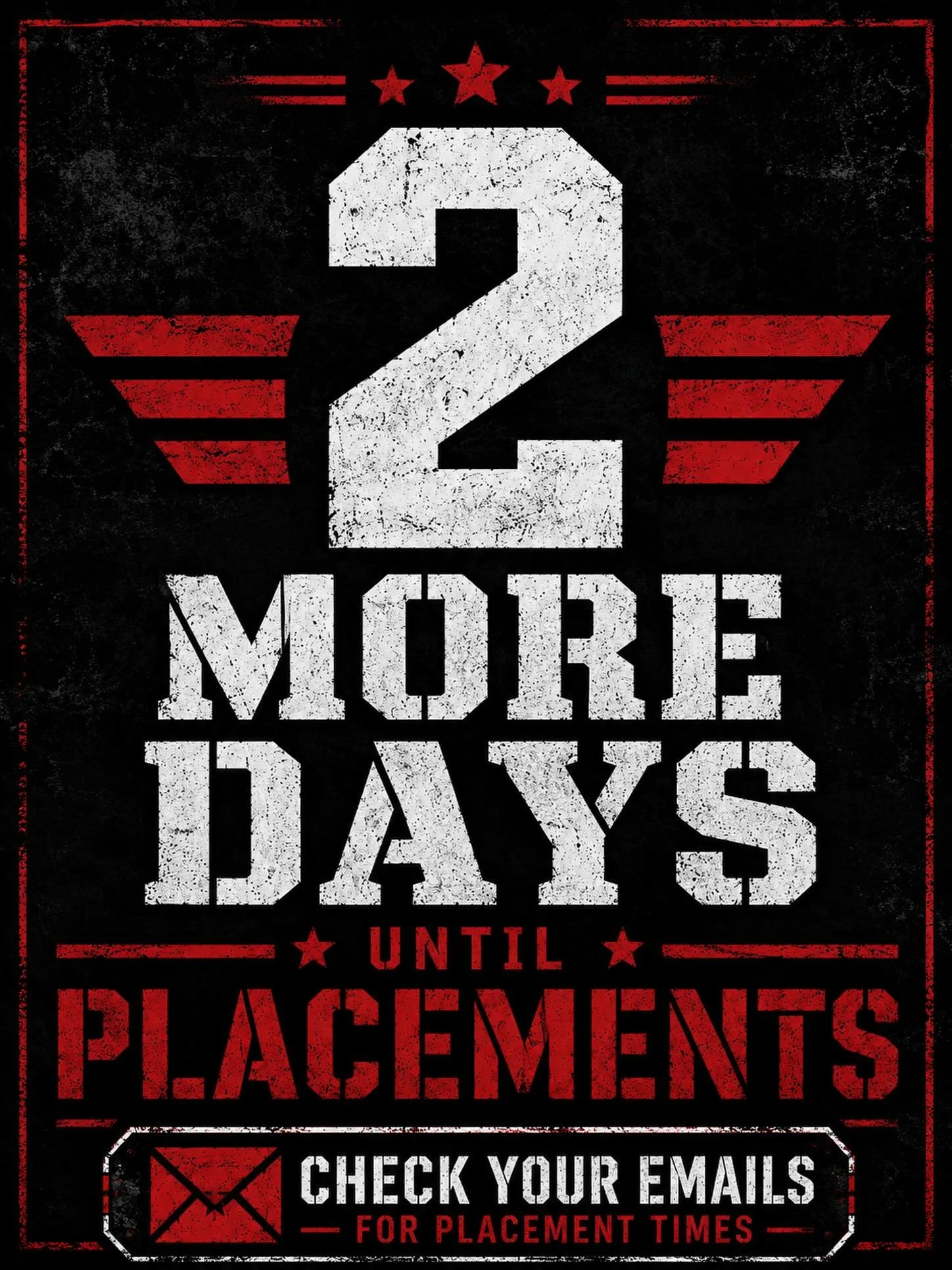 ⚠️ FINAL COUNTDOWN TO PLACEMENTS ⚠️

Only 2 more days until placements begin. Check your emails for your official placement times and mission details.

With over 140 athletes registered, the academy will be fully operational all weekend long. Prepare