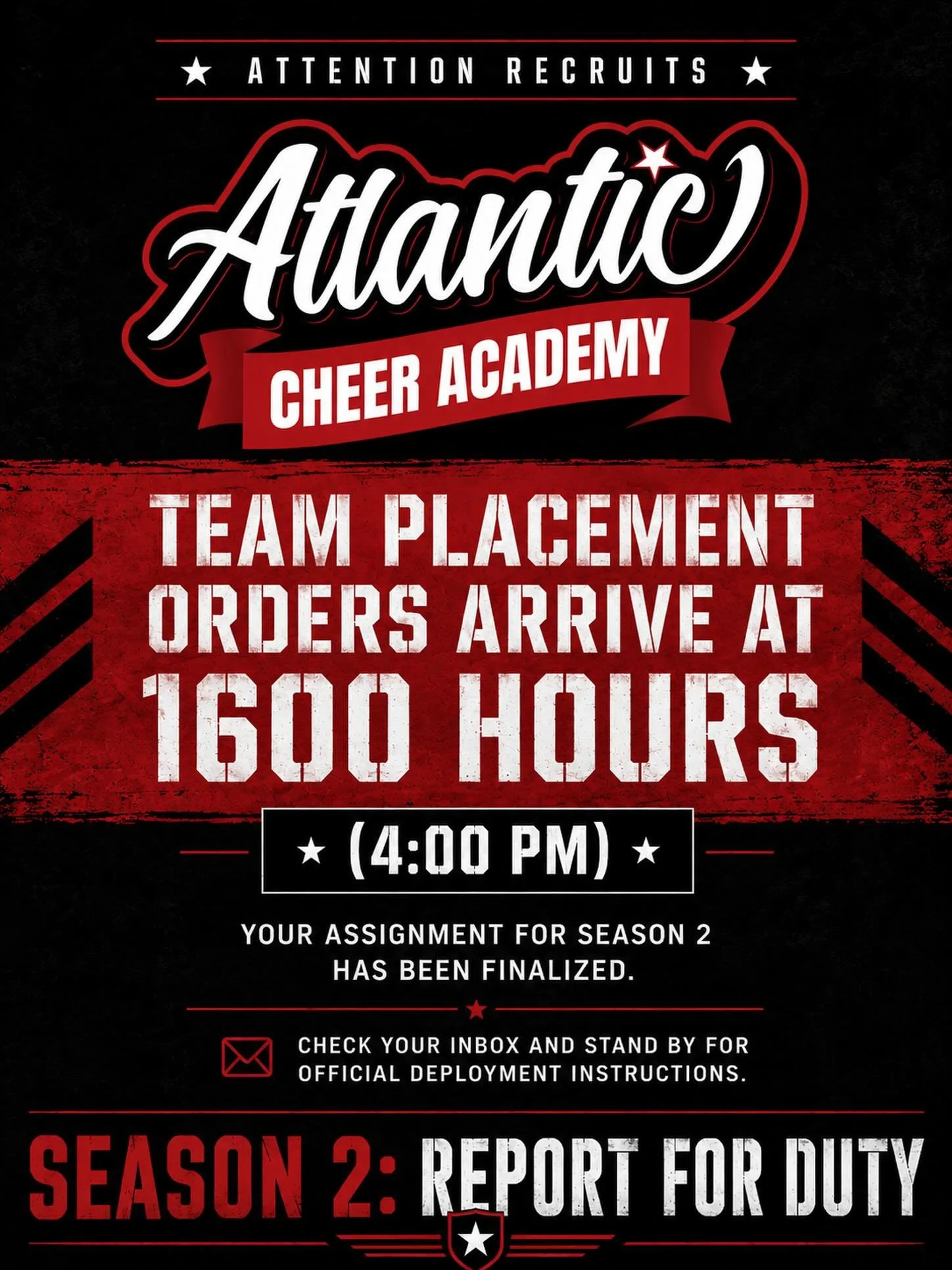 ⚠️ ATTENTION RECRUITS ⚠️

The wait is almost over.

📨 TEAM PLACEMENT ORDERS ARRIVE AT 1600 HOURS (4:00 PM)

Your assignment for Season 2 has been finalized. Check your inbox and stand by for official deployment instructions.

🎖️ Are you ready for y