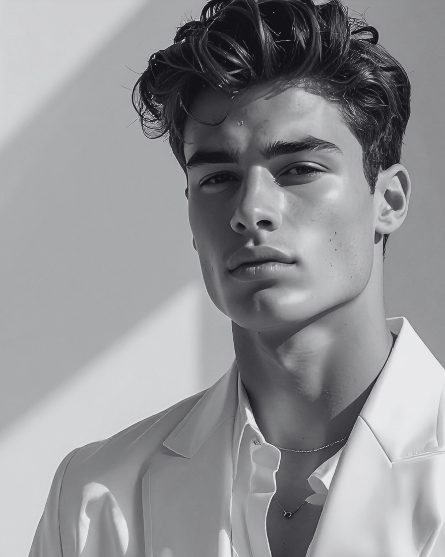 Black and white portrait of a young man with sharp jawline enhanced with dermal fillers and neuromodulators in Los Angeles.