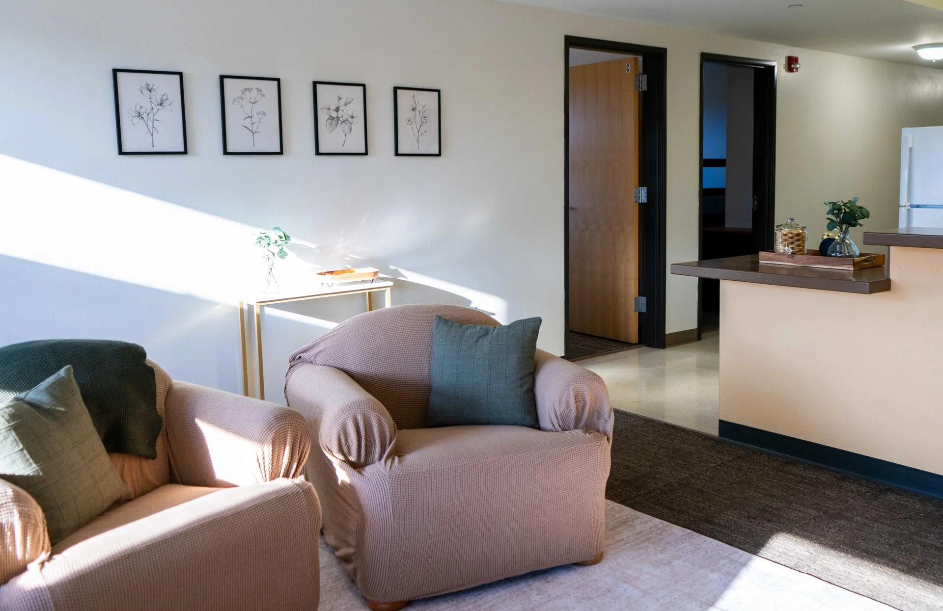 A cozy living room with two beige armchairs with cushions, a small table with decorative items, black framed artwork of botanical sketches on the wall, and sunlight illuminating part of the room.