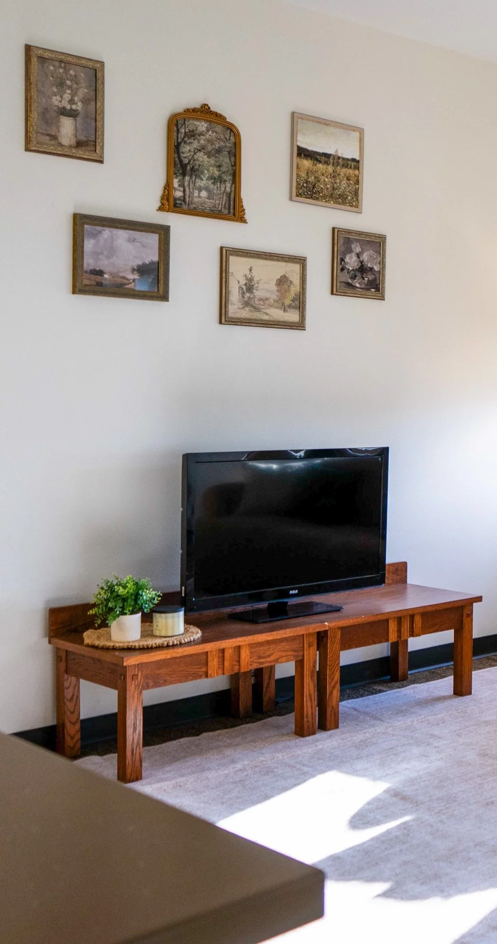 Living room with a wooden TV stand holding a flat-screen television, a small plant, and candles. Light-colored wall with six framed vintage landscape and floral paintings arranged in a gallery style.