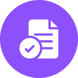 Icon of a document with a checkmark on a purple background.