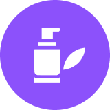 A white bottle with a pump dispenser and a leaf symbol on a purple circular background.