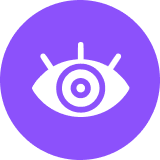 White eye symbol with a target in the center on a purple circular background.