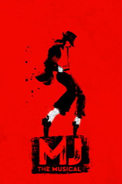 Silhouette of a dancer with a red background, spattered paint effects, and the text 'MJ The Musical' at the bottom.