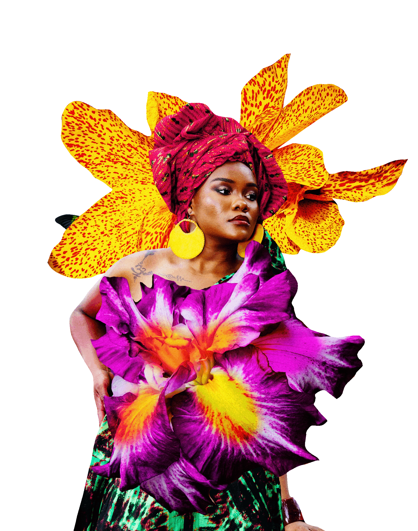 A woman with dark skin wearing a vibrant pink headwrap, large yellow earrings, and a colorful off-shoulder top, surrounded by large, bright yellow and purple flowers against a black background.
