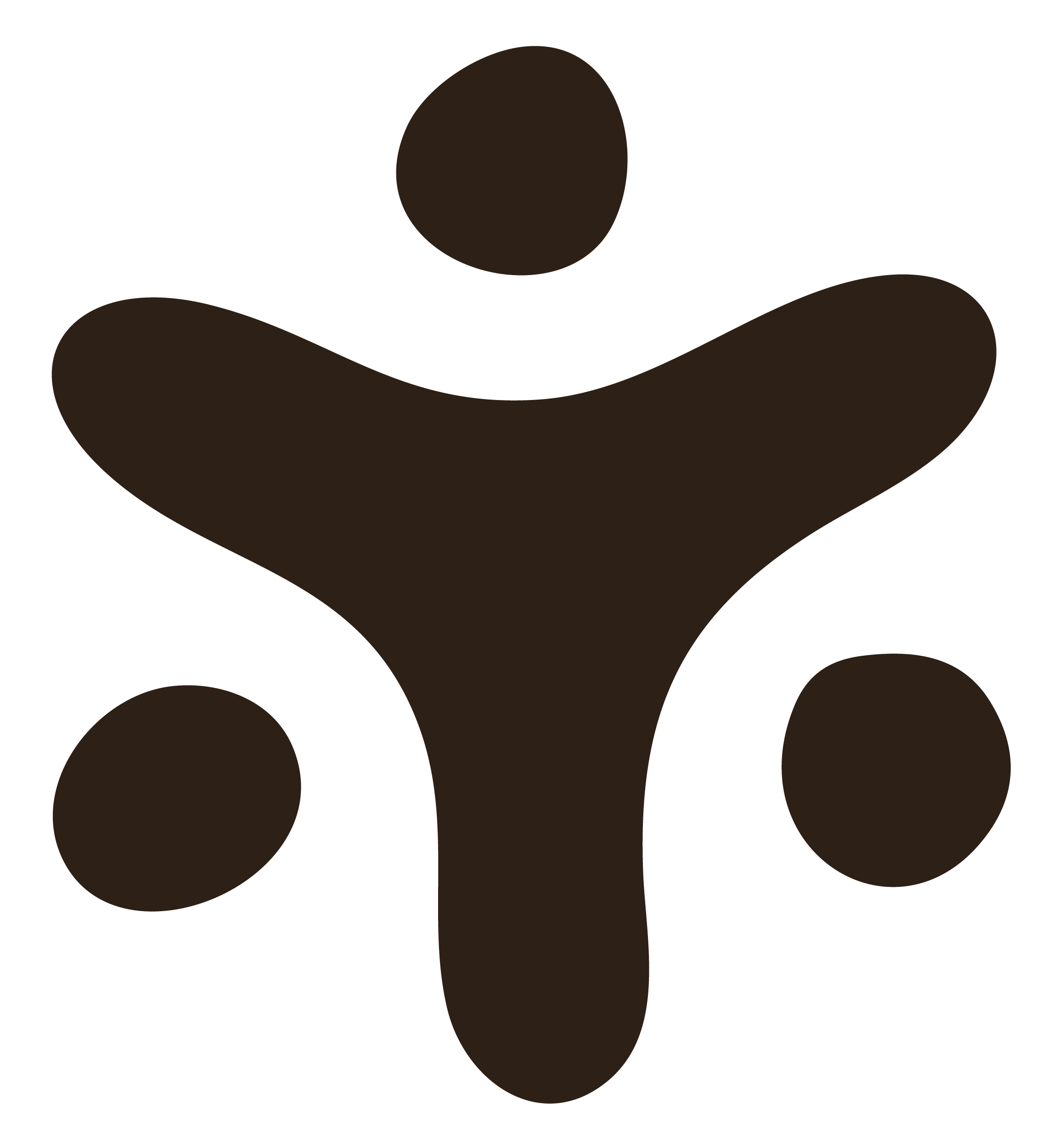 Abstract icon of a person with three circles and a curved line, in dark brown on black background.