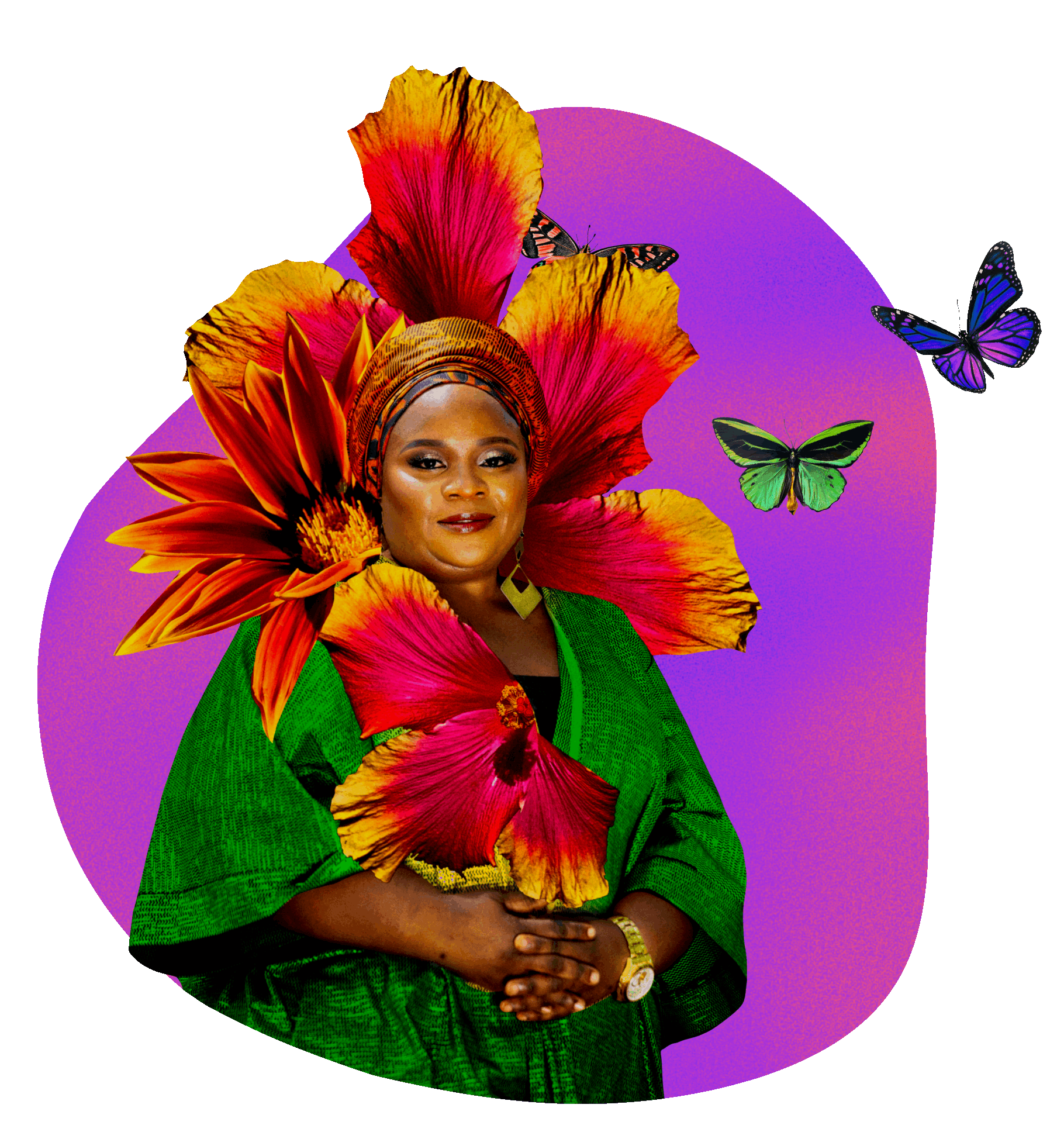A woman dressed in green with flower and butterfly embellishments in a digital collage style.
