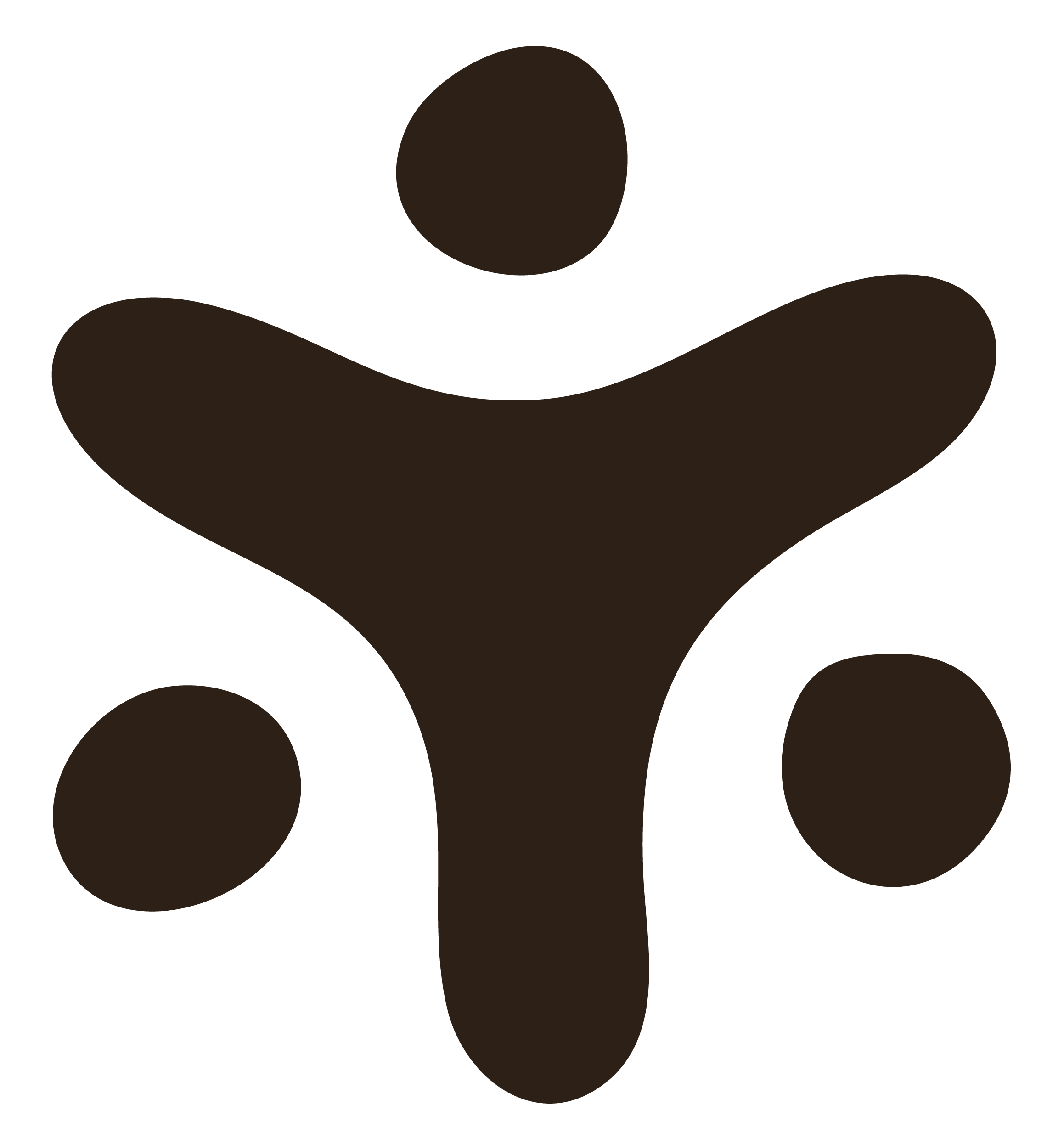 Abstract icon with a central figure surrounded by three smaller circles on a black background.