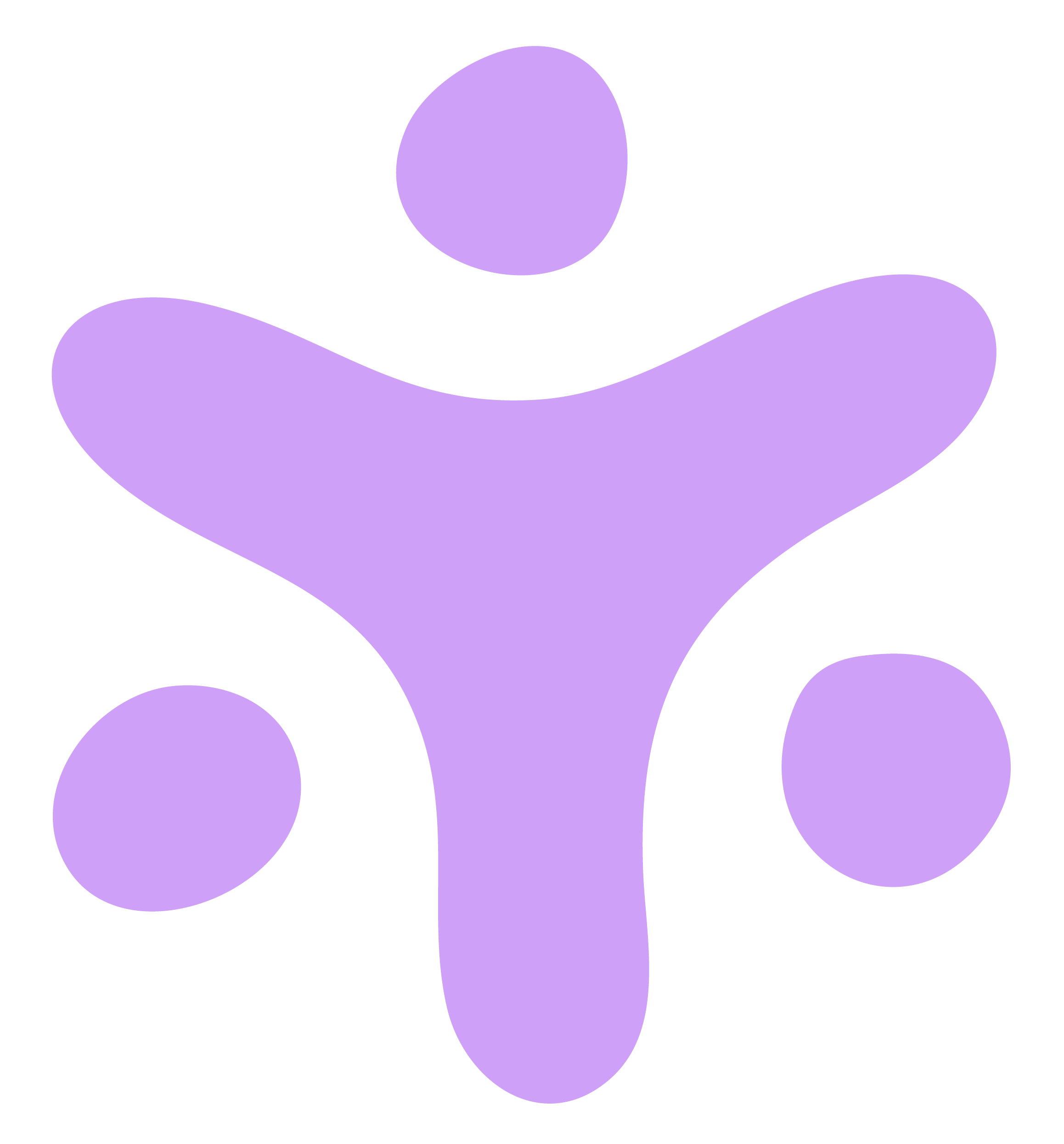 Abstract purple shape with one smaller purple circle above and two smaller purple circles below.