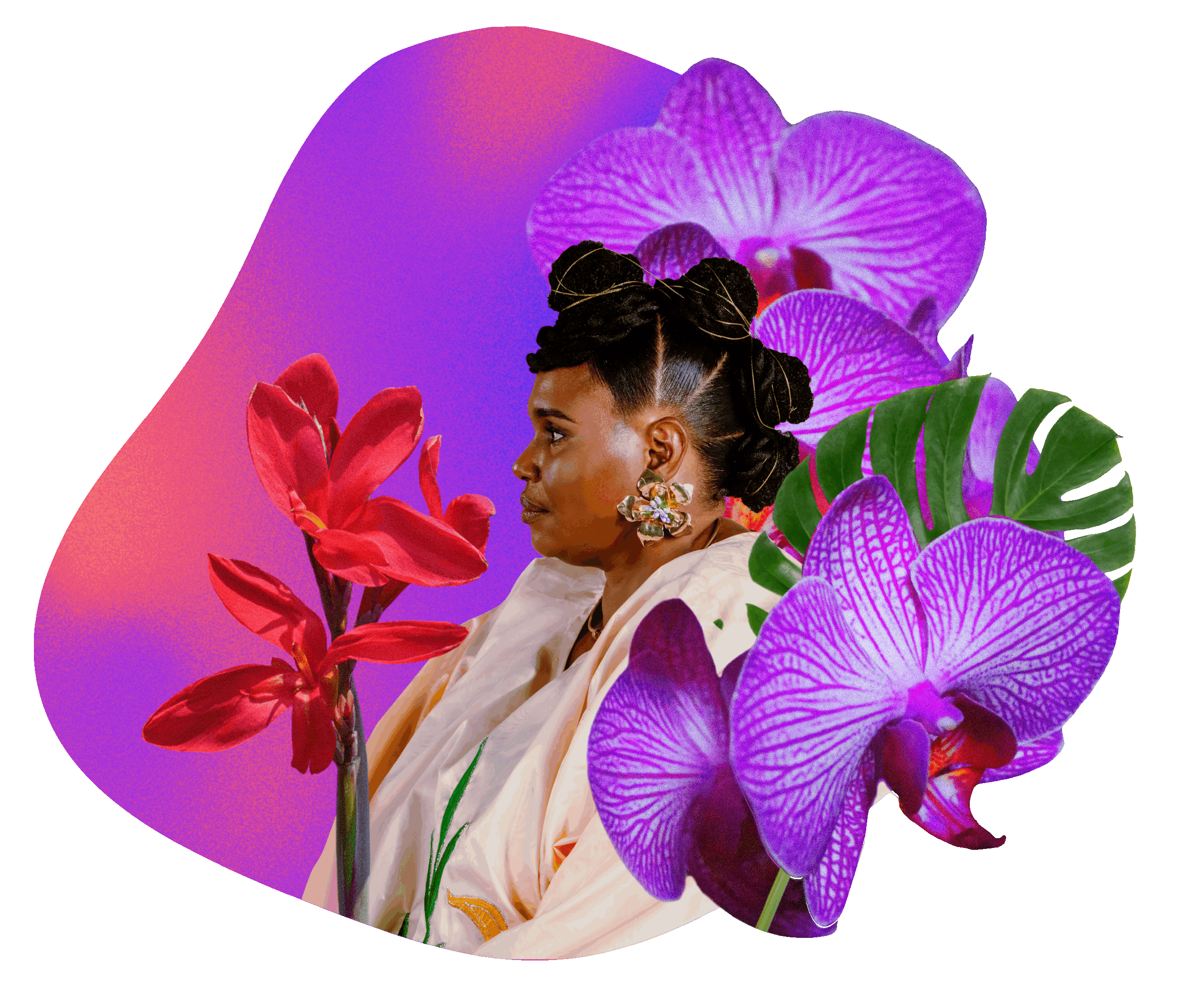A woman with styled hair and large earrings, wearing a cream-colored garment, is surrounded by vibrant tropical flowers including purple orchids, red blossoms, and green tropical leaves, against a colorful background.