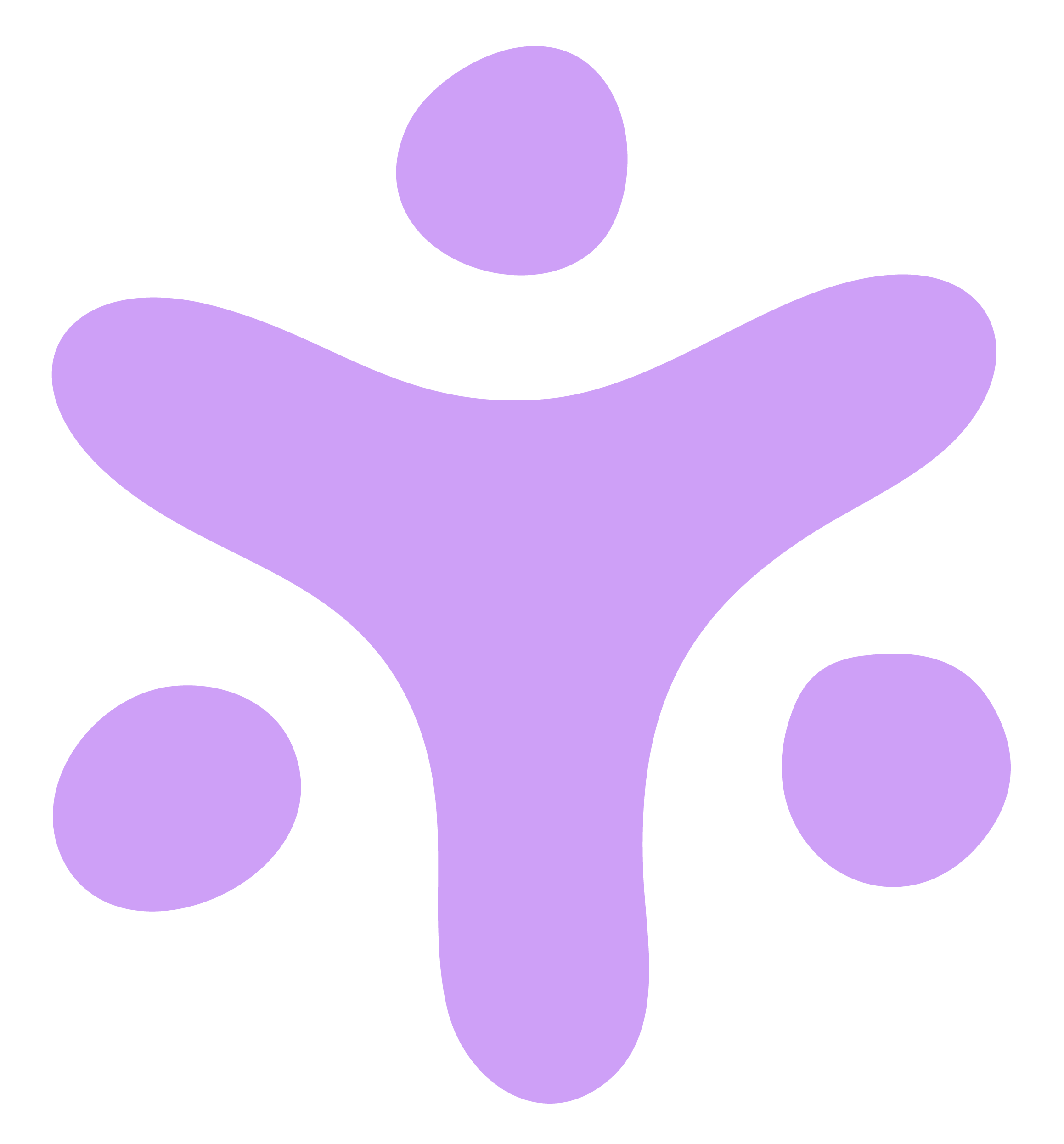 A minimalist purple, abstract logo with a central dot and three extending curved shapes against a black background.