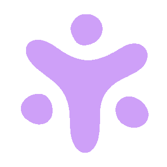 Abstract purple logo with three circles and a central shape.