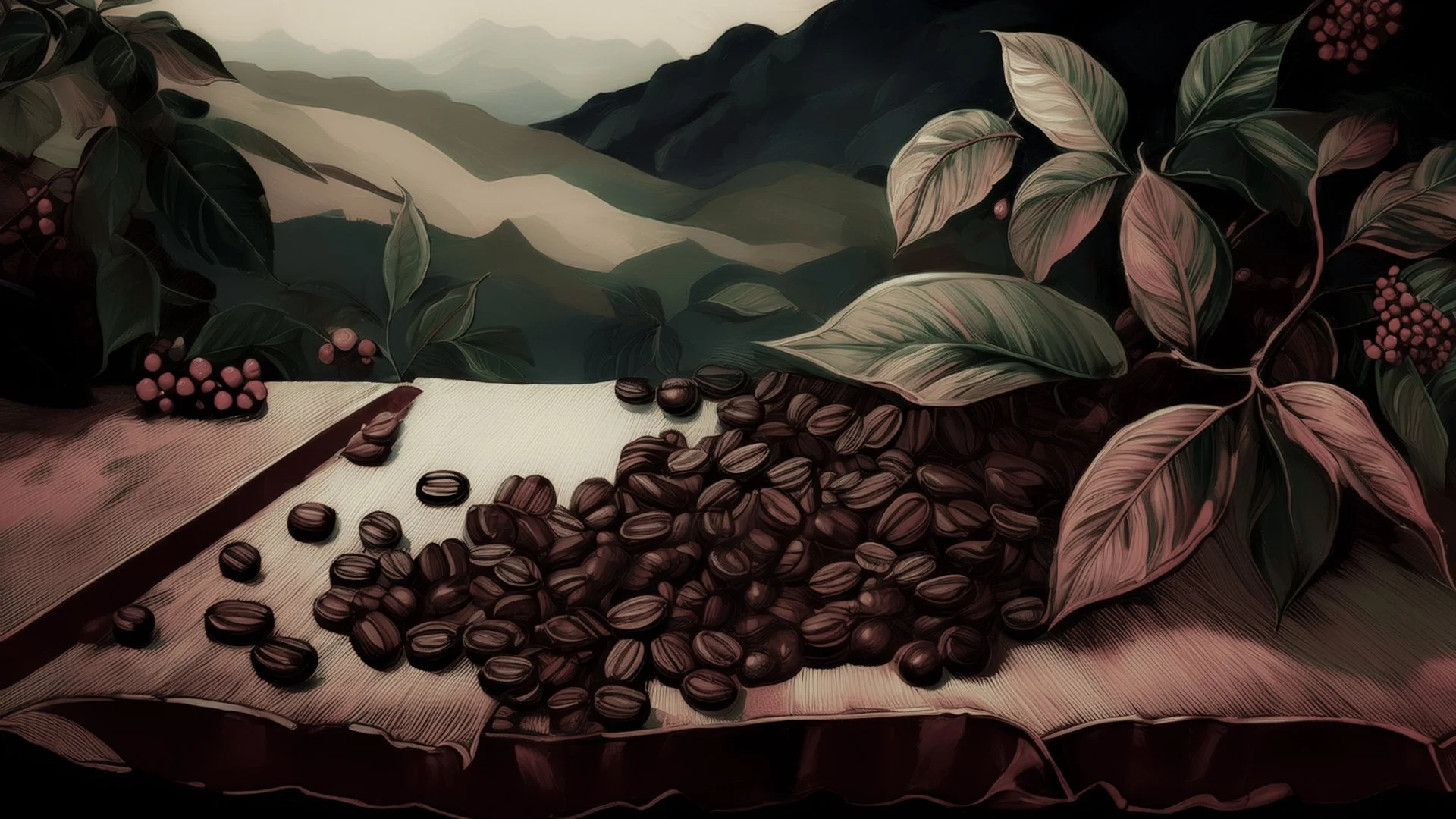Illustration of coffee beans spilled on a wooden surface with coffee plant leaves and berries in the background.