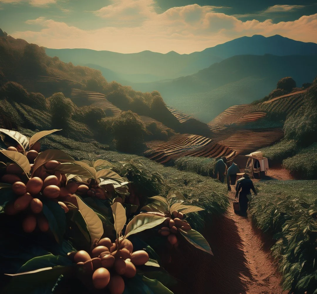 A scenic landscape of coffee plantations on rolling hills with workers harvesting coffee beans and a tractor in the distance, under a sky with clouds and mountains in the background.