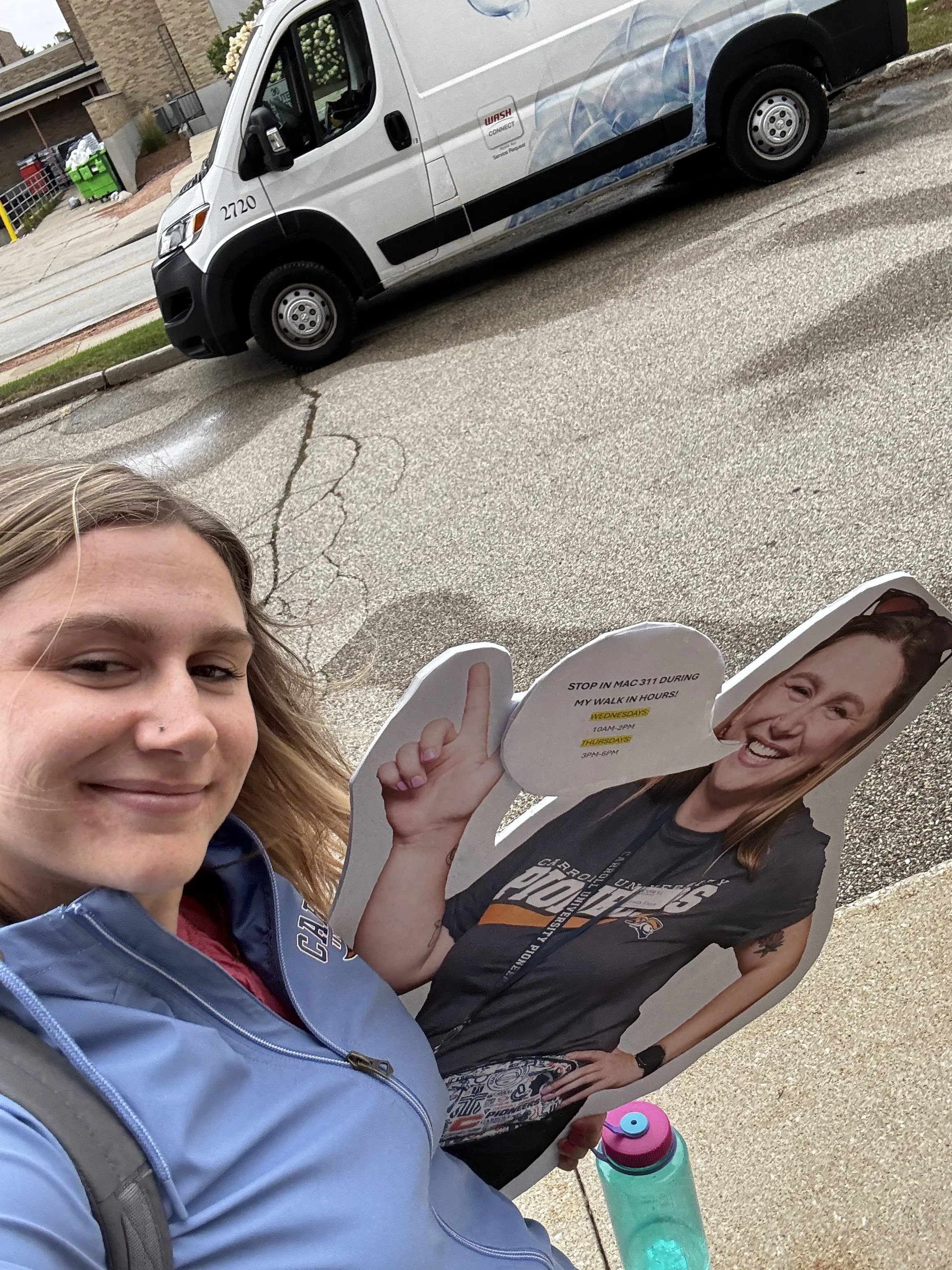 Everyday I spend coming up with new ideas to be accessible to clients on campus, and sometimes it results in walking around campus with a cardboard cut out of my self. 