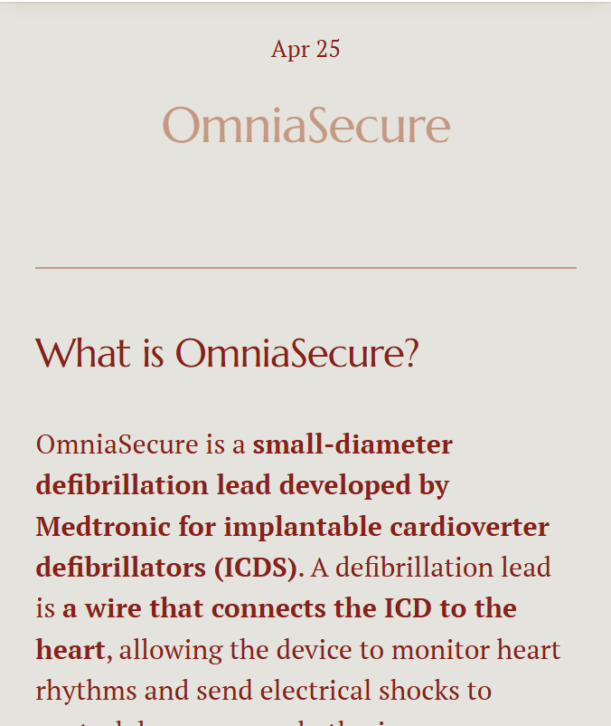 A blog introducing OmniaSecure, a small-diameter defibrillation lead developed by Medtronic for implantable cardioverter defibrillators (ICDS).