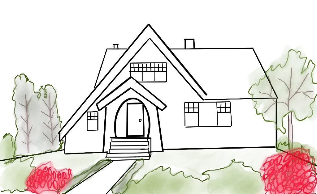 A hand drawn house with plants around the perimeter of the property