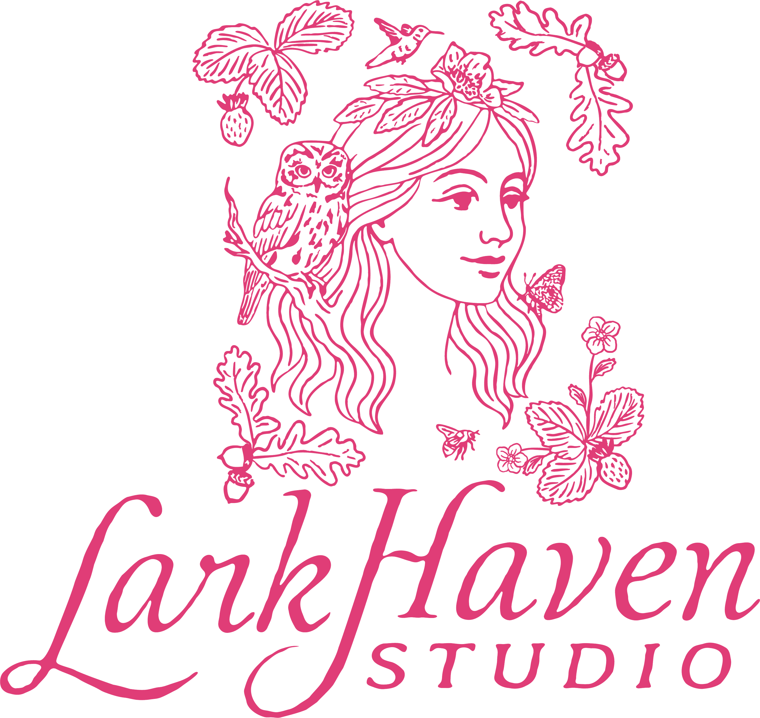 Lark Haven Studio's logo featuring Mother Nature staring hopefully towards the future as she is surround by PNW native flora and fauna