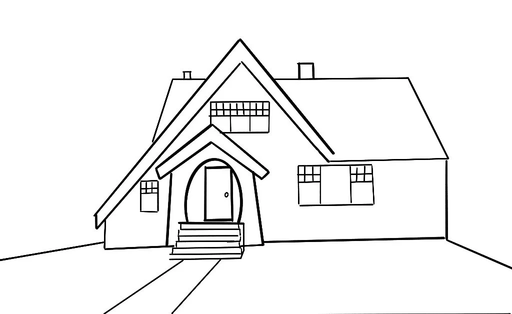 A hand drawing of a house with no plants in the front yard
