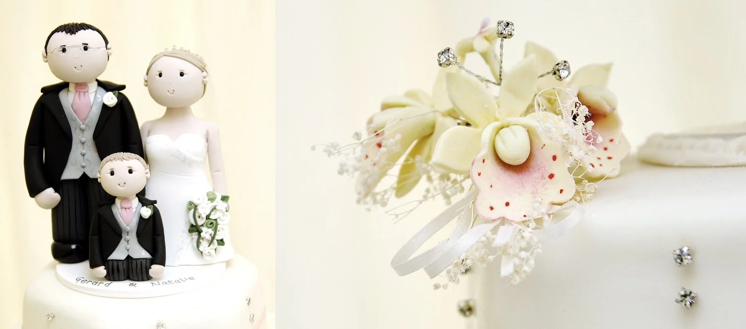 Close up details of a wedding cake.