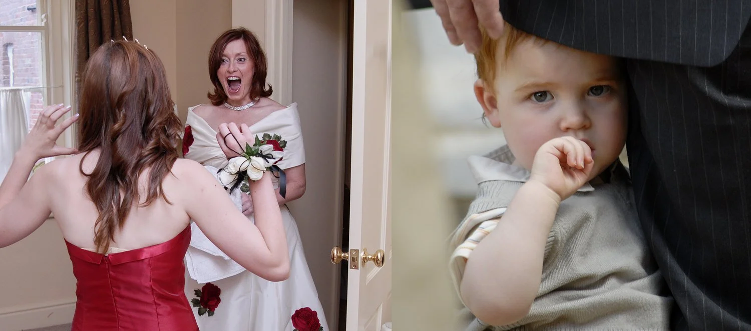 The bride and small children looking happily at the camera.