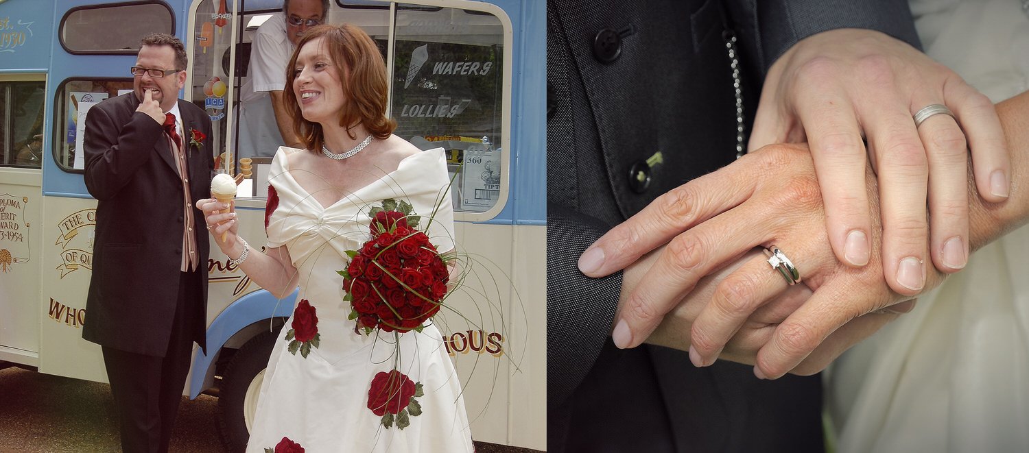 Bride and groom get ice creams from an ice cream van.