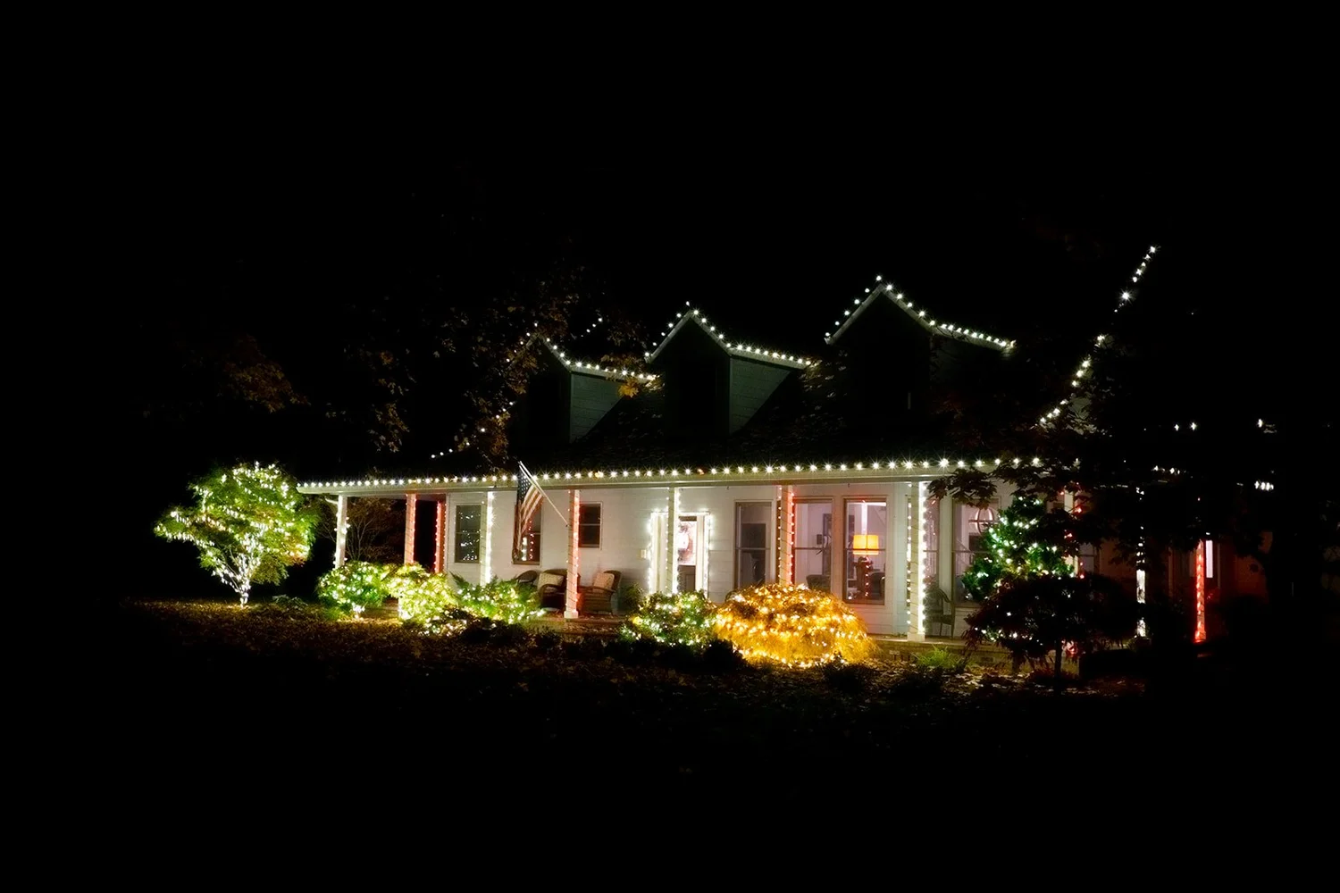 Single-story home with warm white rooflines and mini lights through the front landscaping