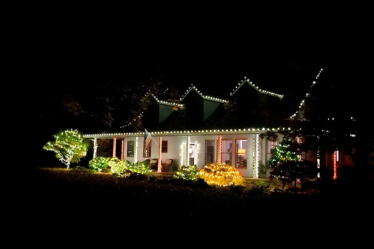 Single-story home with warm white rooflines and mini lights through the front landscaping