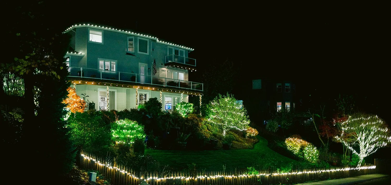 Hillside home with roofline lights and mini lights wrapped through trees and landscaping