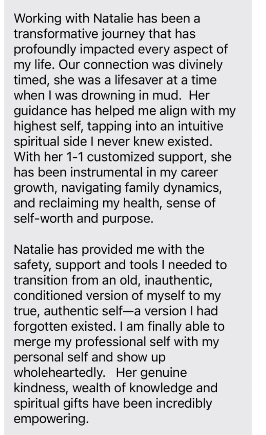 A glowing testimonial from one of Natalie's students.