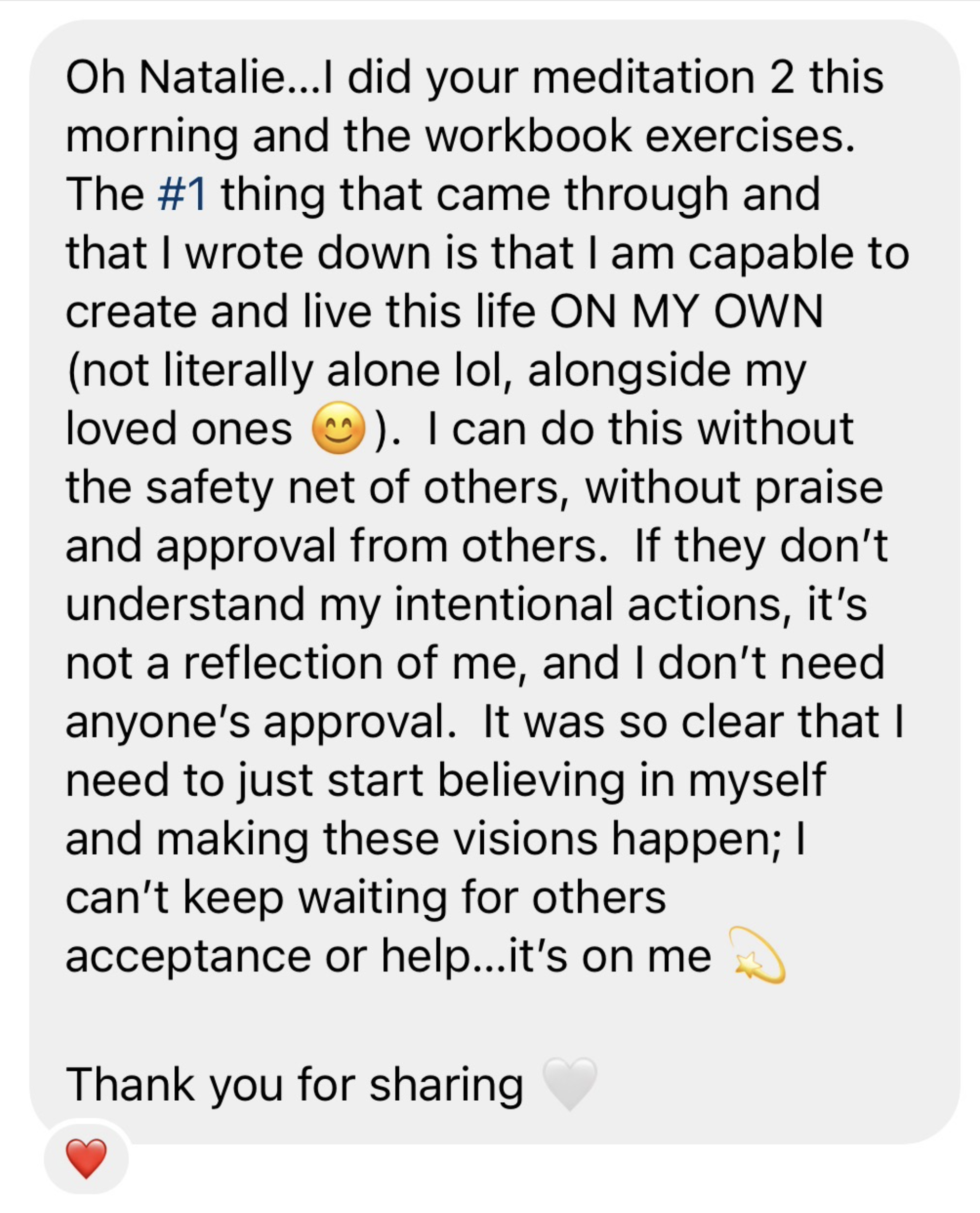 A glowing testimonial from one of Natalie's students.