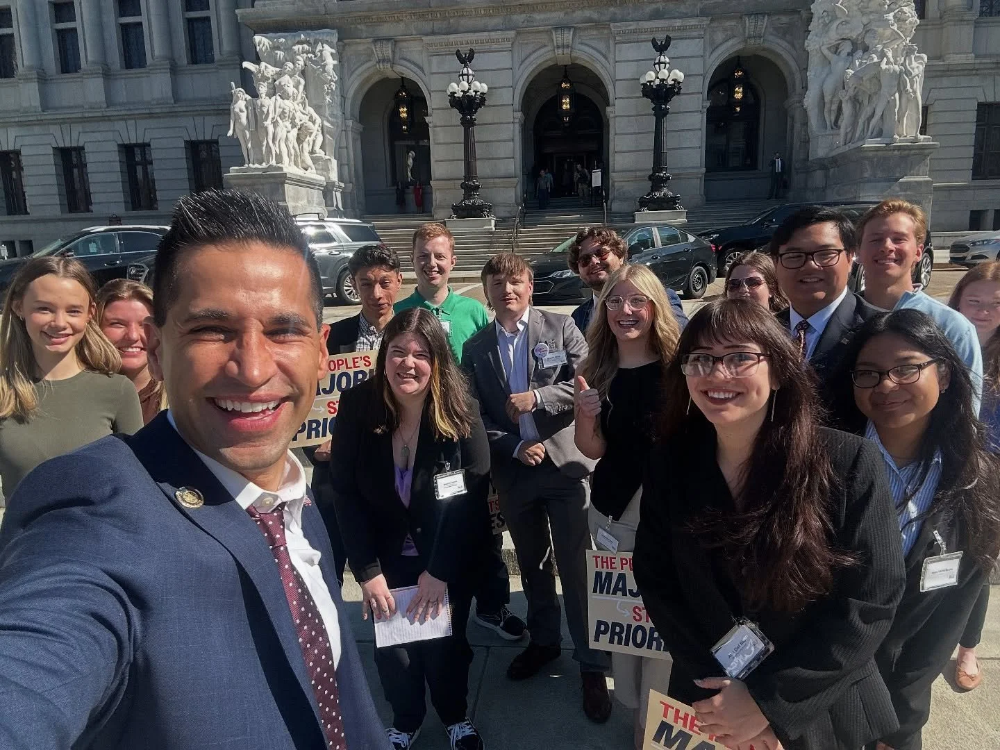 The PA College Democrats visited us today to advocate for funding buses and trains and making college more affordable. Grateful to them for raising their voices!! 

Image: With college Dems outside Capitol