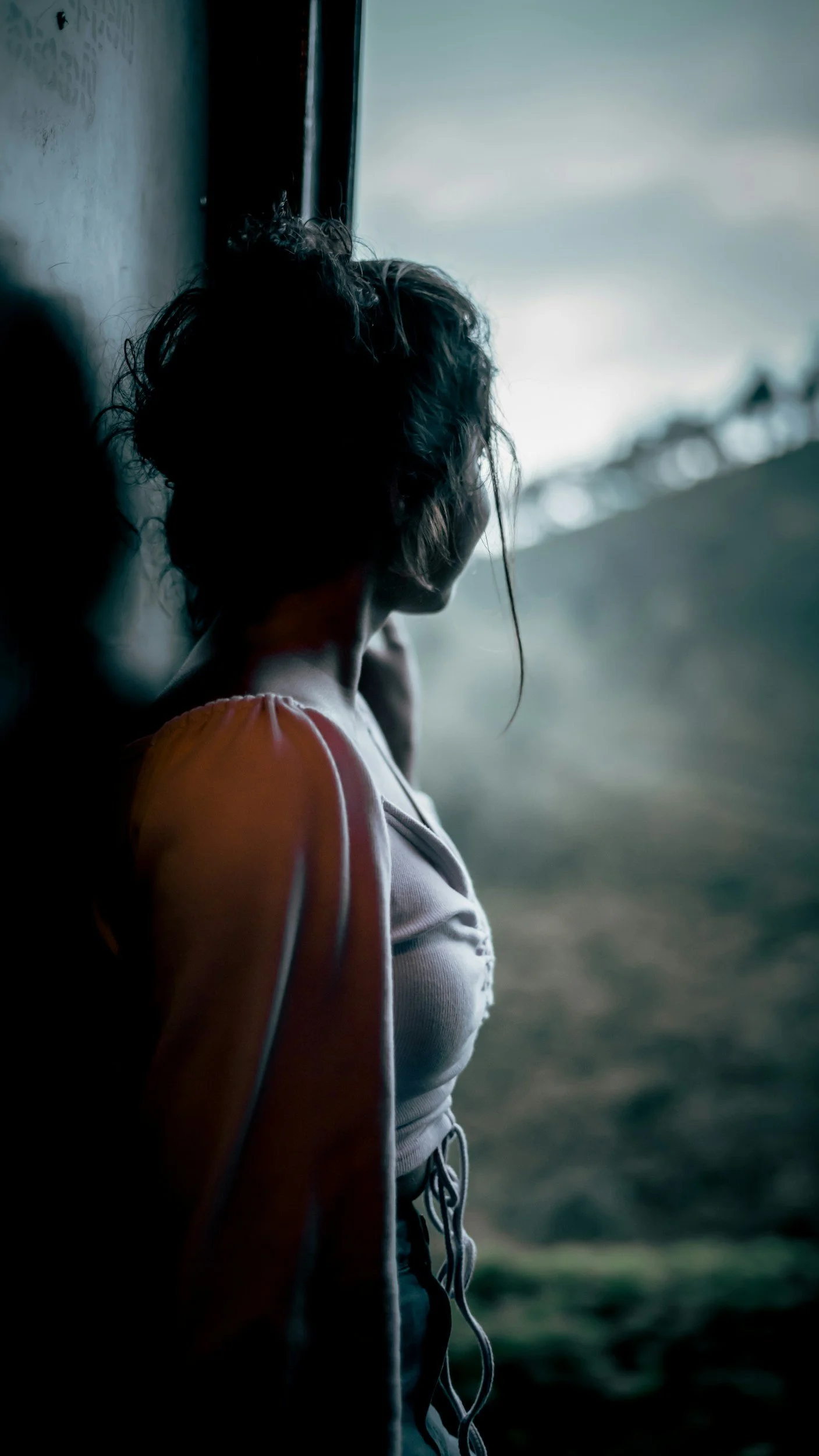 Woman seen from behind standing in a natural landscape with misty terrain. Standing at the threshold — the terrain of midlife transition asks for a different kind of presence than the one that got us here